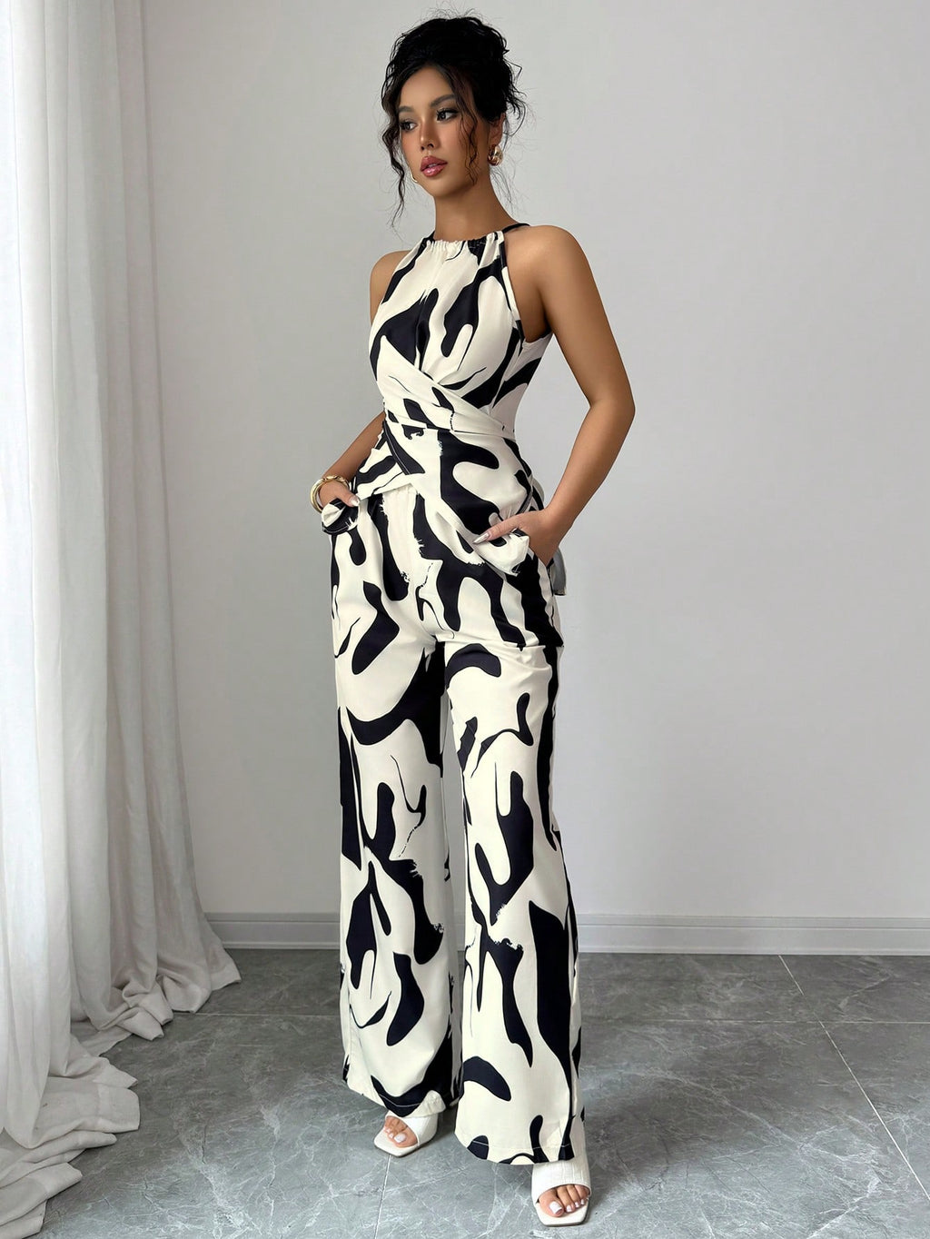 Women's Halter Jumpsuit - Black and White Printed Summer One-Piece