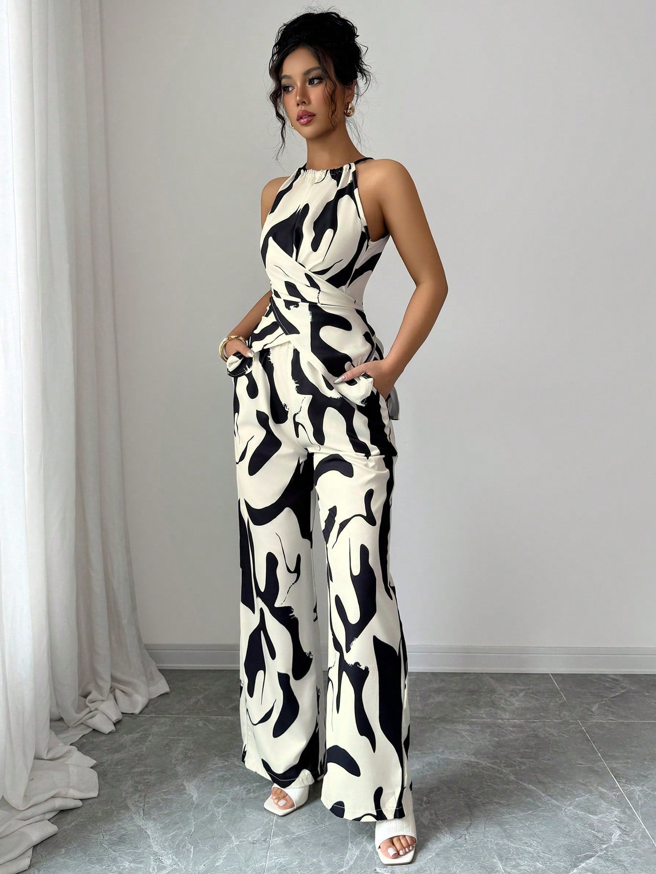 Women's Halter Jumpsuit - Black and White Printed Summer One-Piece