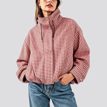 Women’s Plaid Stand Collar Zip-Up Jacket – Stylish Casual Short Outerwear