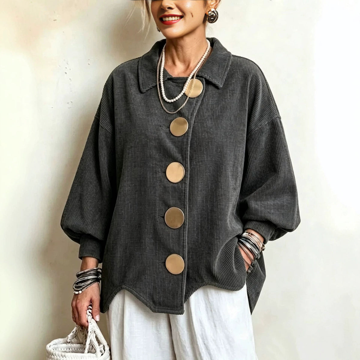 Corduroy Metal-Button Jacket - Relaxed and Structured