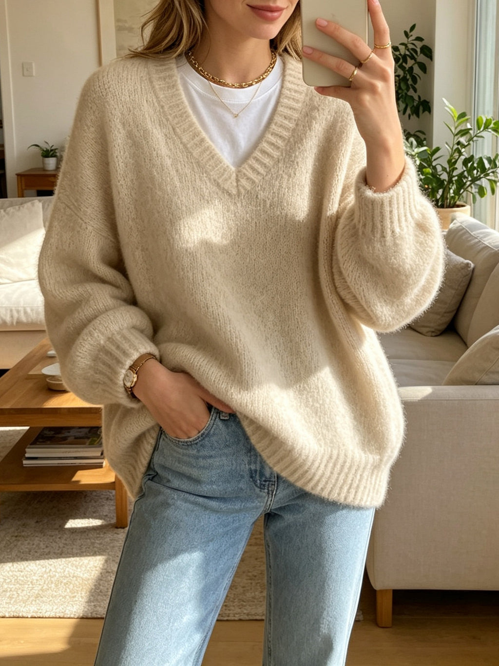 Loose V-Neck Knit Sweater - Soft and Relaxed