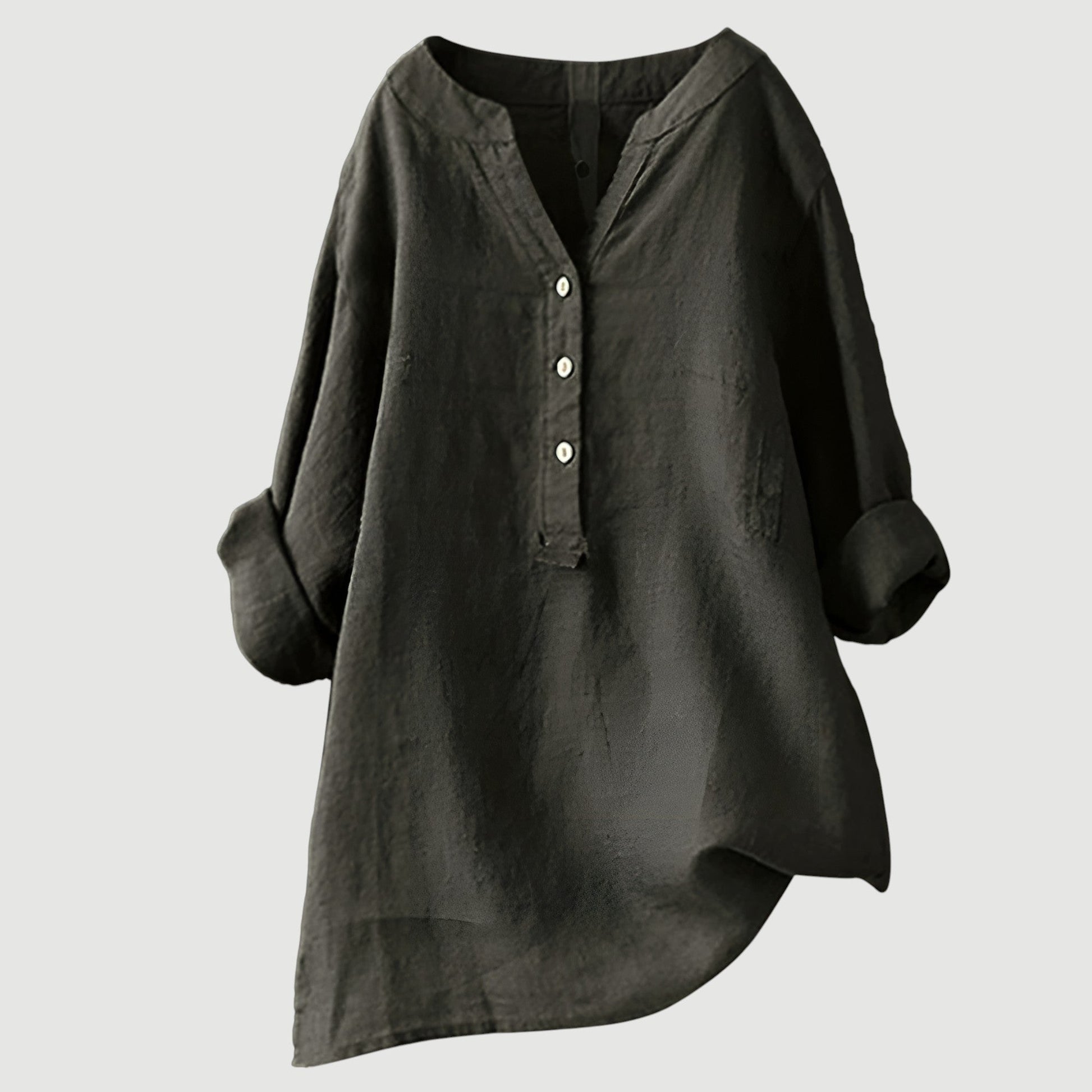 Women's Red Linen V-Neck Button Long-Sleeve Tunic Shirt