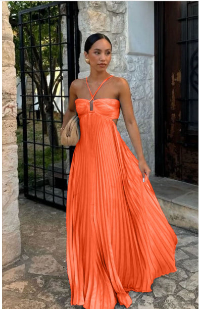 Women's Pleated Sleeveless Halter Dress – Elegant Evening Party Style