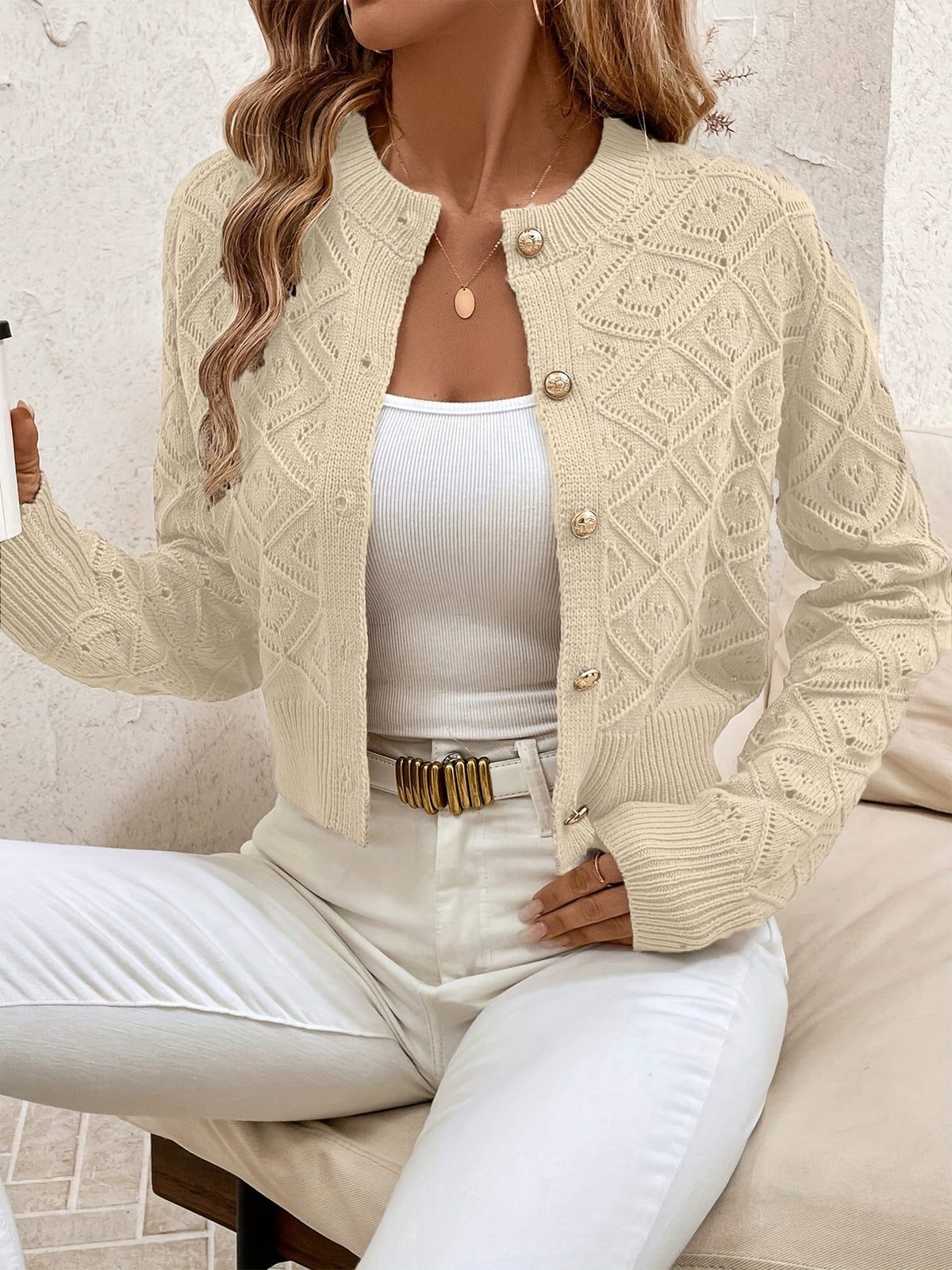 Buttoned Openwork Cardigan - Elegant and Light