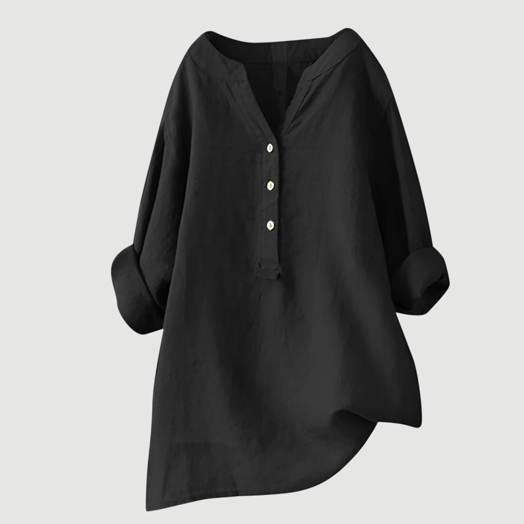 Women's Red Linen V-Neck Button Long-Sleeve Tunic Shirt