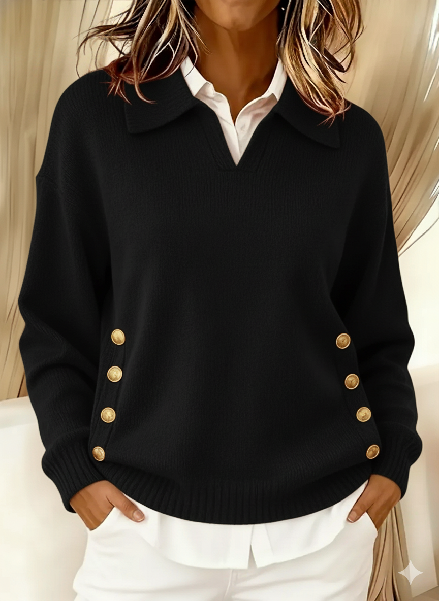 Women's Polo Collar Button Sweater - Simple Soft Everyday Knit