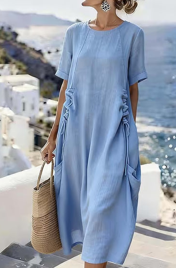 Women's Breathable Cotton-Linen Midi Dress – Relaxed Short-Sleeve Beach Style