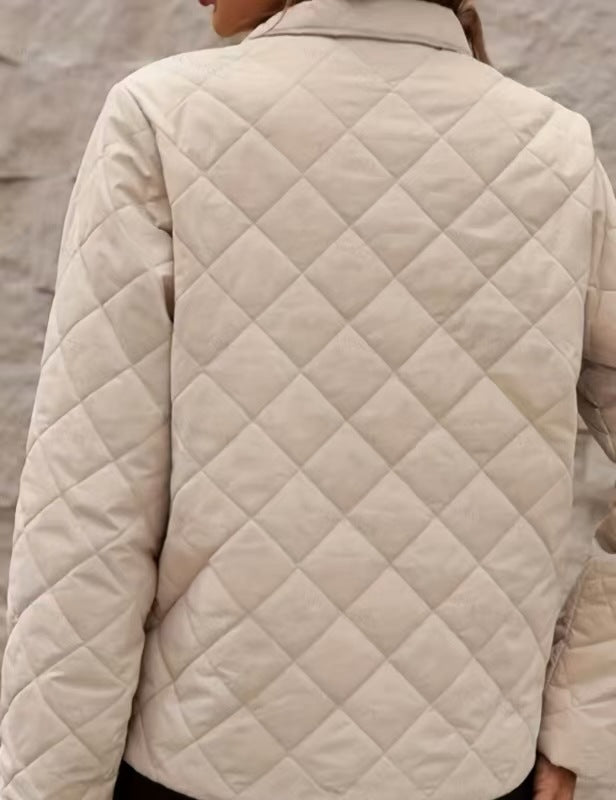 Women’s Diamond Pattern Long Sleeve Coat – Solid Color Lapel Relaxed Fit Style