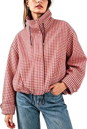 Women’s Plaid Stand Collar Zip-Up Jacket – Stylish Casual Short Outerwear
