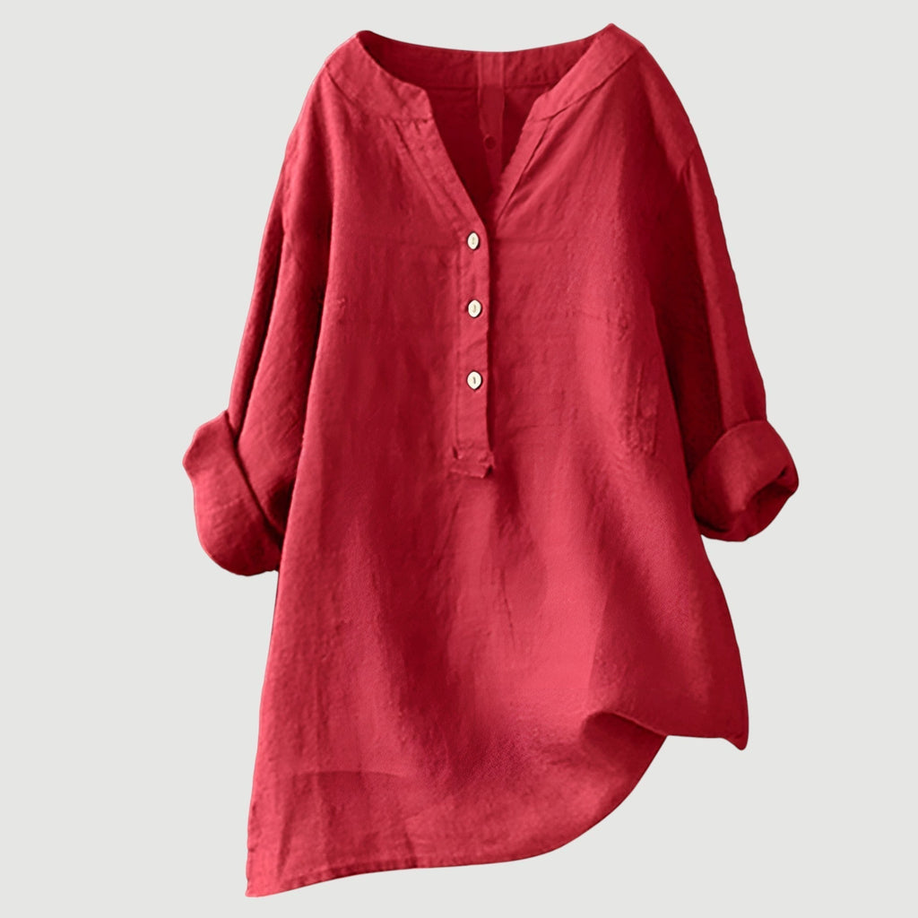 Women's Red Linen V-Neck Button Long-Sleeve Tunic Shirt