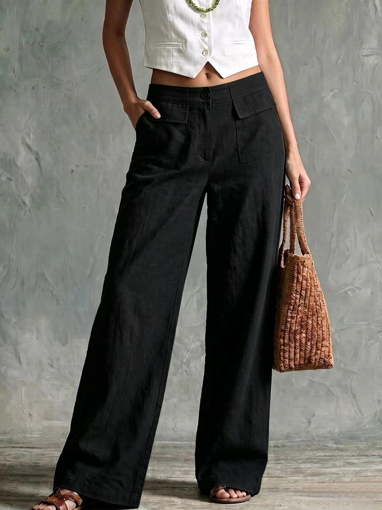 Women's Loose Elastic-Waist Trousers - Casual Wide Leg Everyday Pants