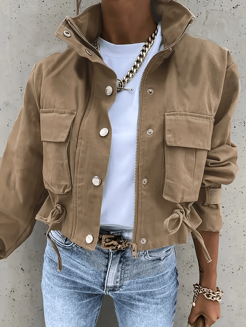Women’s Long Sleeve Mandarin Collar Biker Jacket – Chic Vintage Casual Style