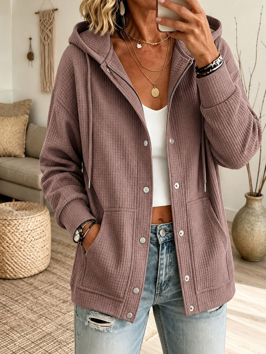 Hooded Drawstring Cardigan Top - Casual and Cozy