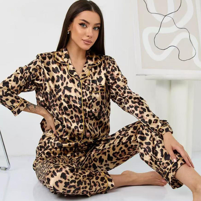 Women’s Leopard-Print Pajamas – Ice Silk and Faux Silk Comfortable Set