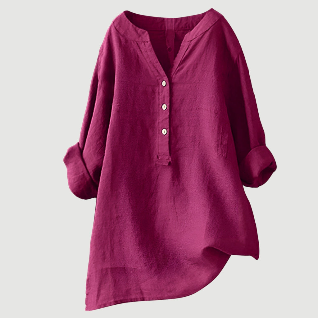 Women's Red Linen V-Neck Button Long-Sleeve Tunic Shirt