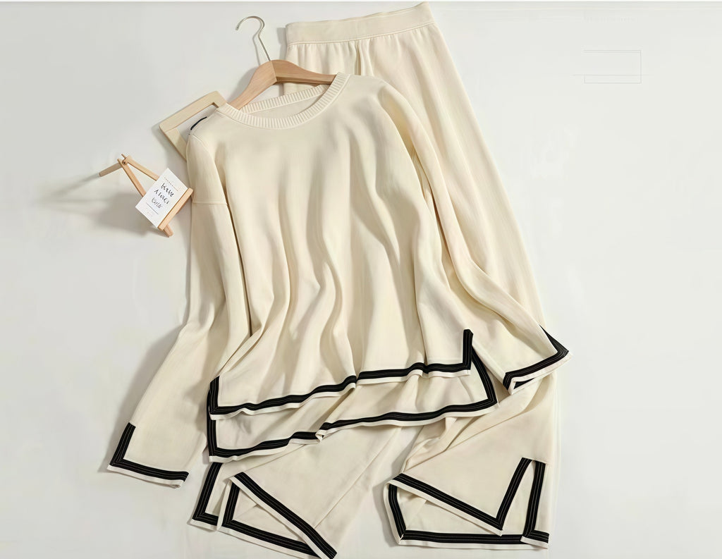 Slit Long-Sleeve Top and Wide-Leg Pants Set - Polished and Comfortable