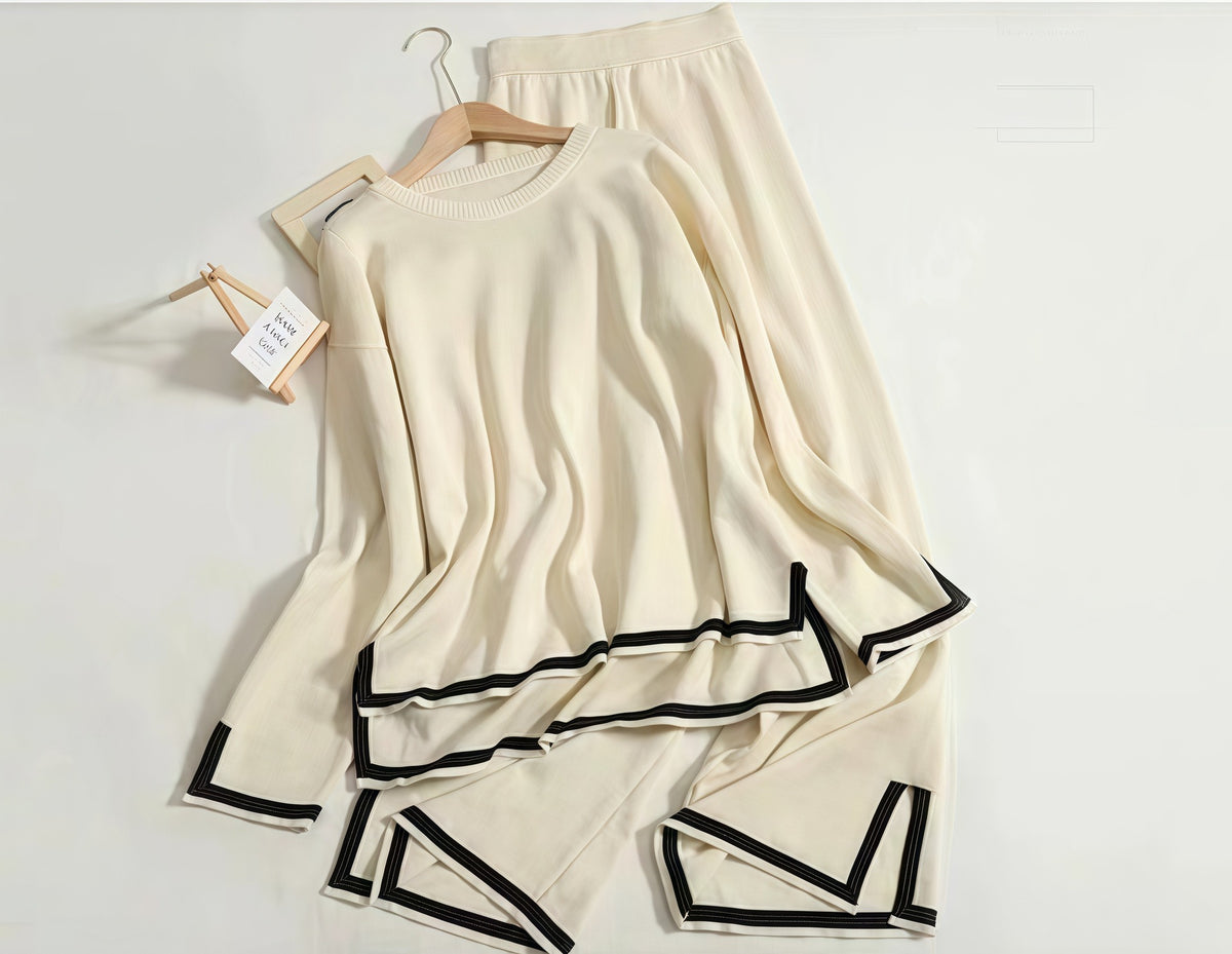 Slit Long-Sleeve Top and Wide-Leg Pants Set - Polished and Comfortable