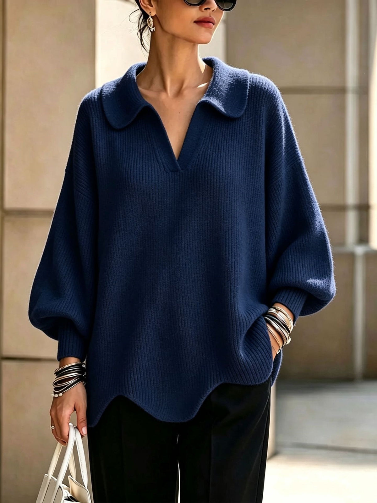 Women’s V-Neck Lantern Sleeve Sweater – Relaxed Feminine Knit