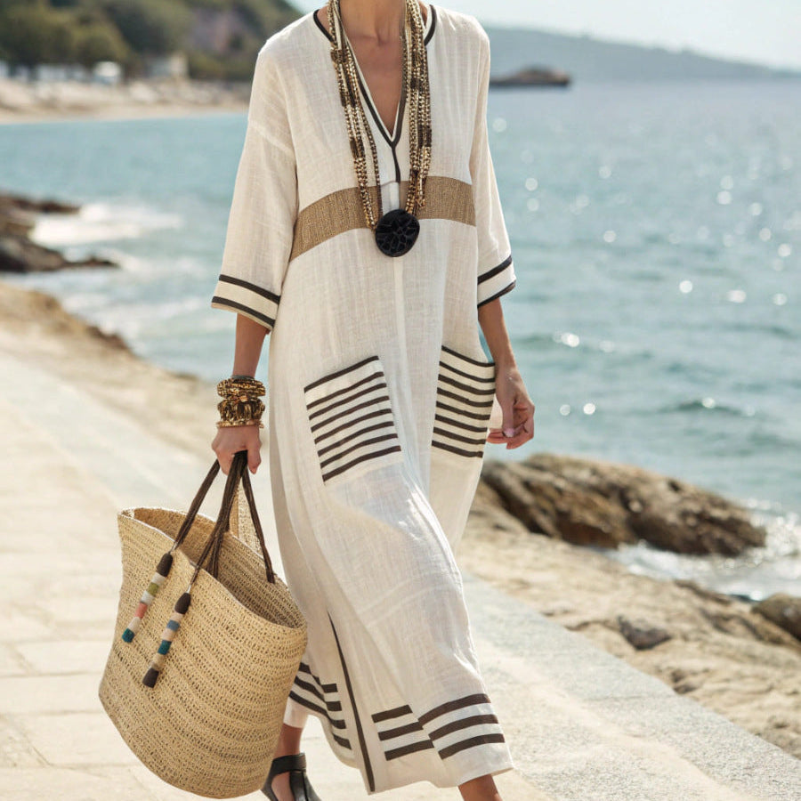 Women's Striped Kaftan Dress – Ivory Brown V-Neck Relaxed Summer Style
