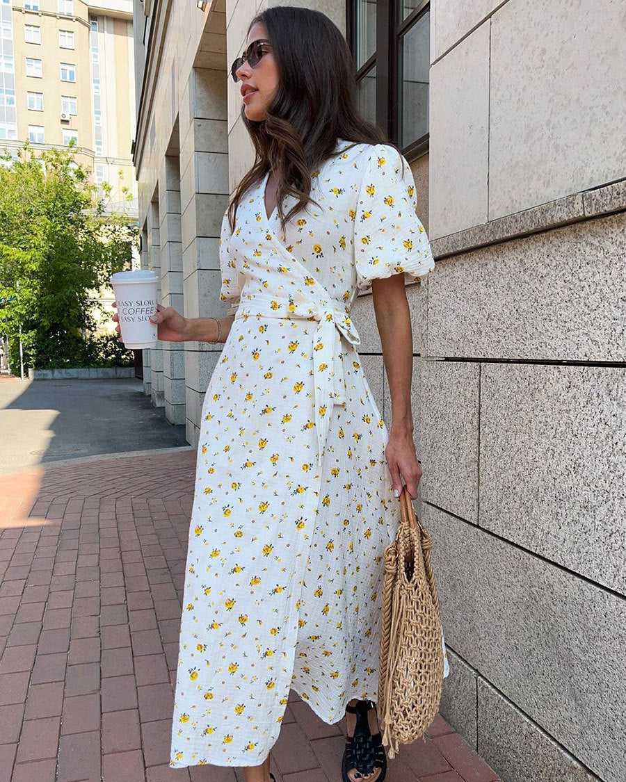 Women's Floral Tie-Front Maxi Dress – Elegant V-Neck Summer Dress