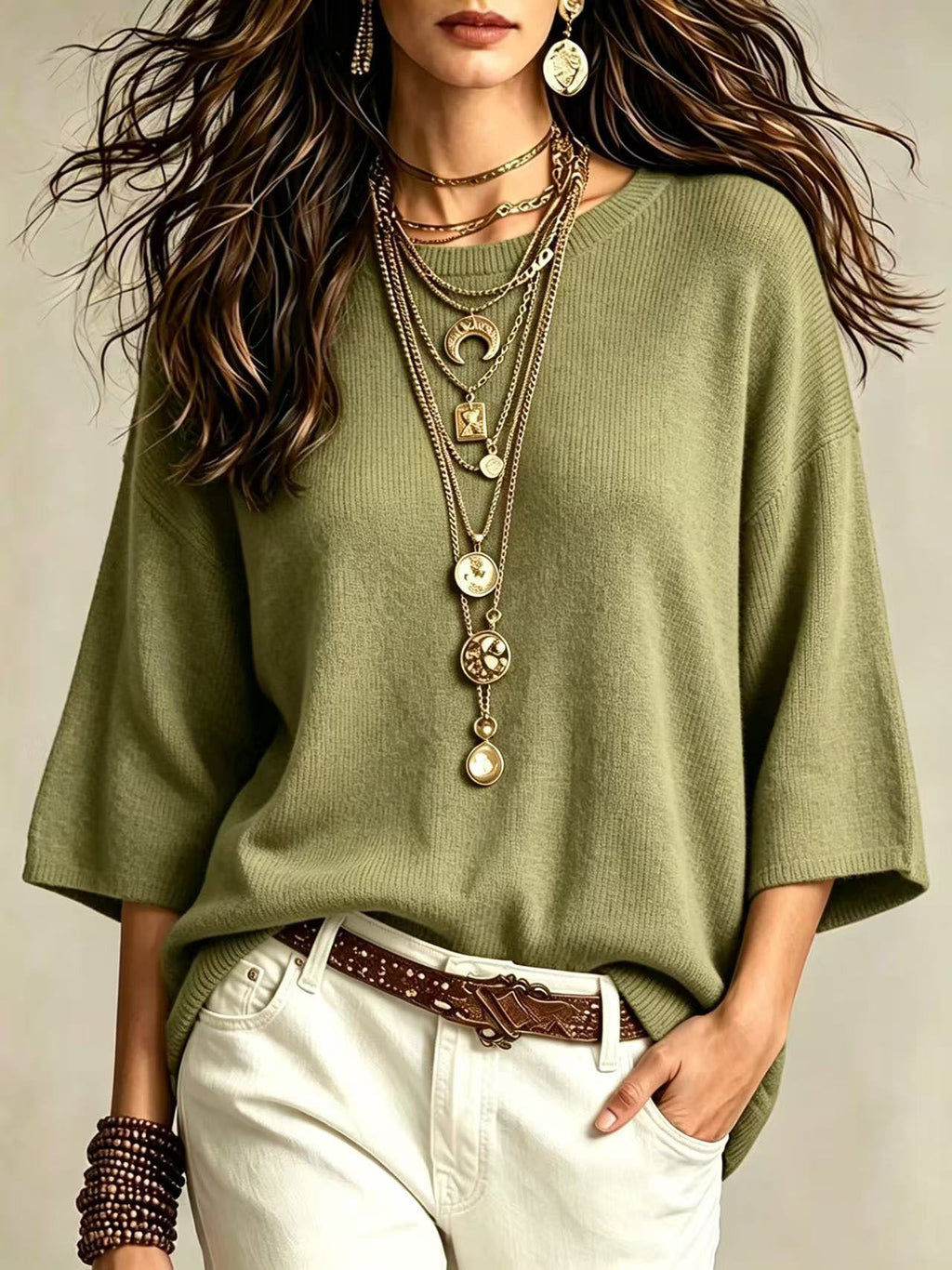 Women's Relaxed Sweater - Wide Sleeves and Crew Neck