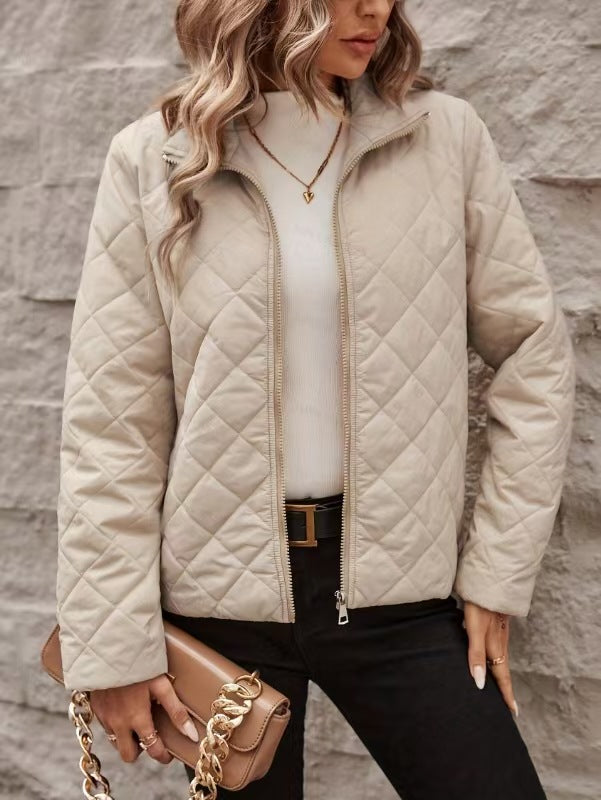 Women’s Diamond Pattern Long Sleeve Coat – Solid Color Lapel Relaxed Fit Style