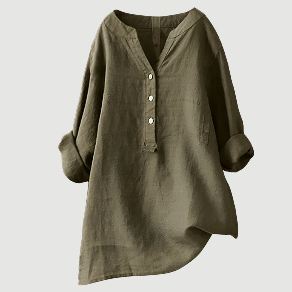 Women's Red Linen V-Neck Button Long-Sleeve Tunic Shirt
