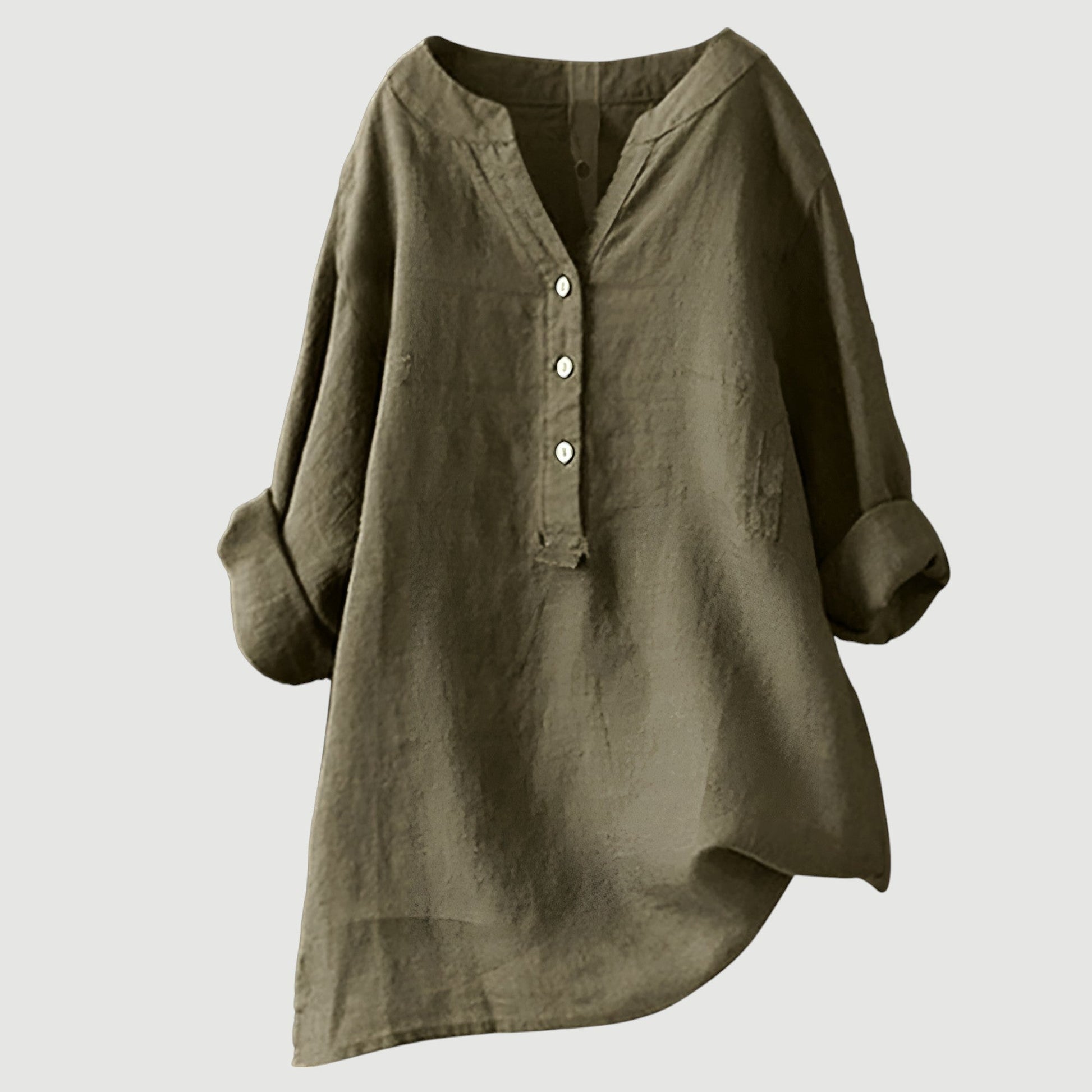 Women's Red Linen V-Neck Button Long-Sleeve Tunic Shirt