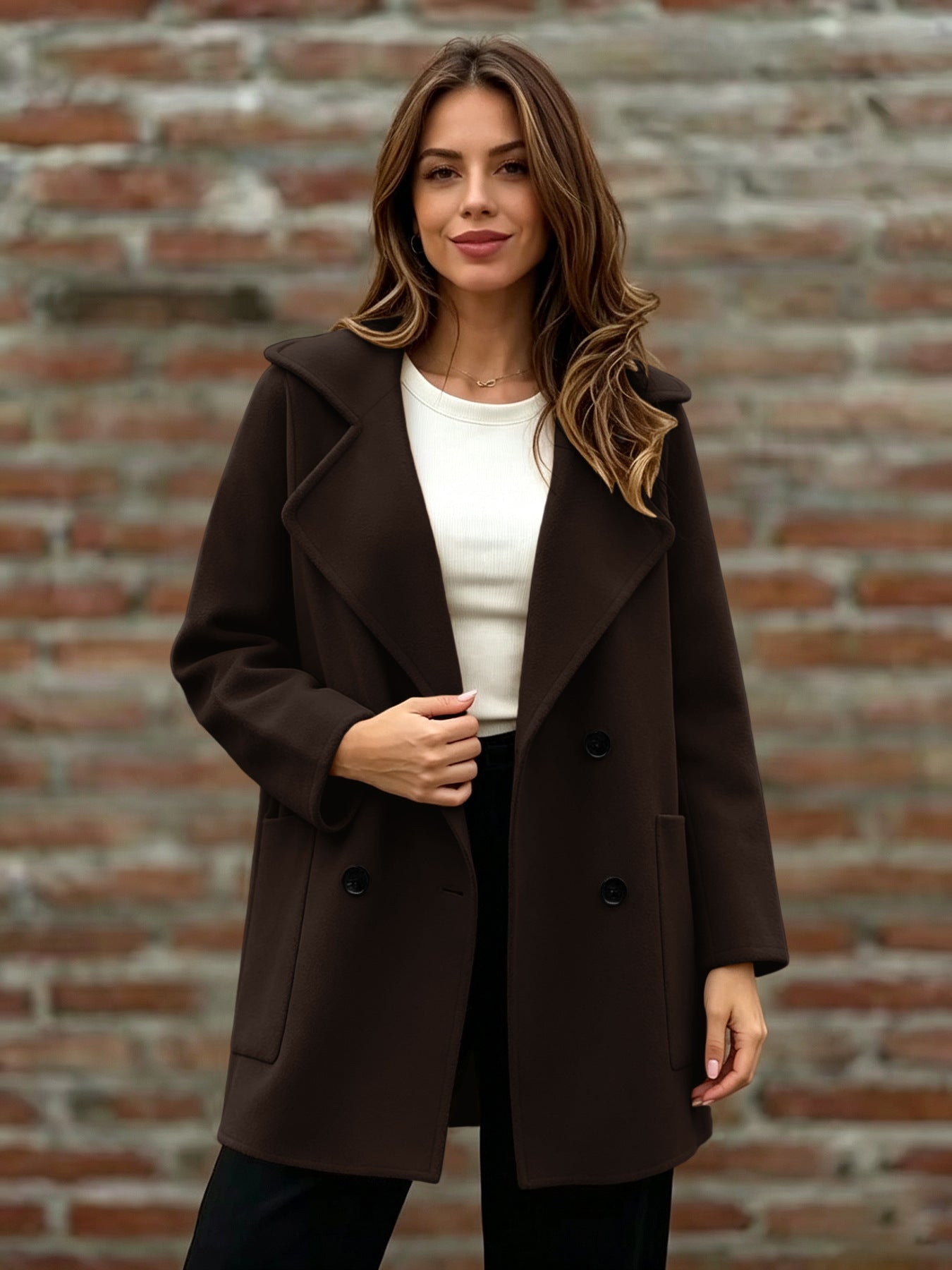 Women’s Double-Breasted Wool Coat – Loose Fit Warm Winter Style
