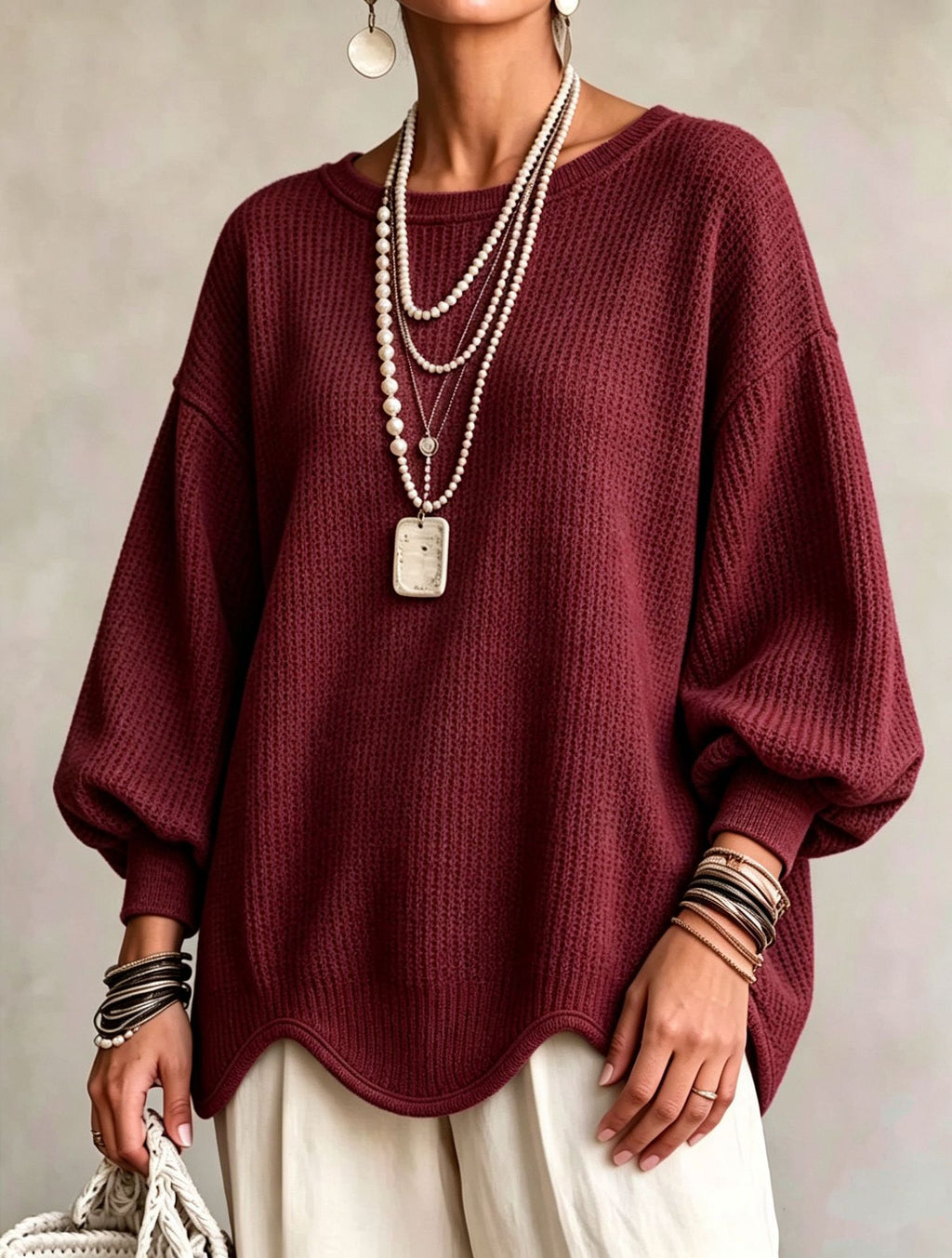 Women's Top - Round Neck, Lantern Sleeves and Wavy Hem