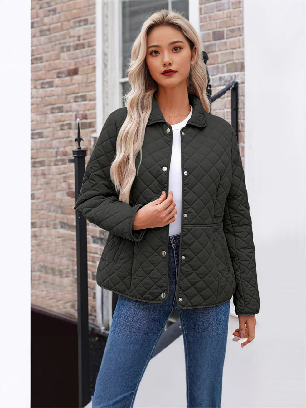 Women’s Solid Color Quilted Jacket – Casual Lapel Warm Outerwear Style