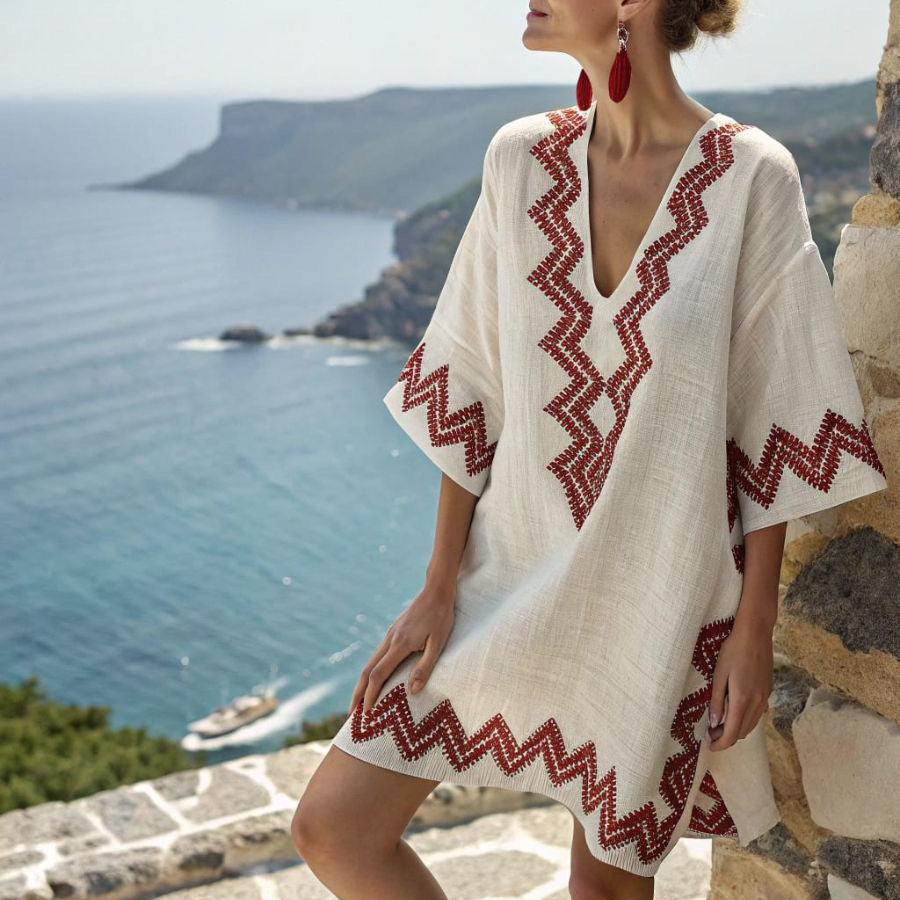 Women's Embroidered Kaftan Tunic – Ivory Red Chevron V-Neck Beach Style