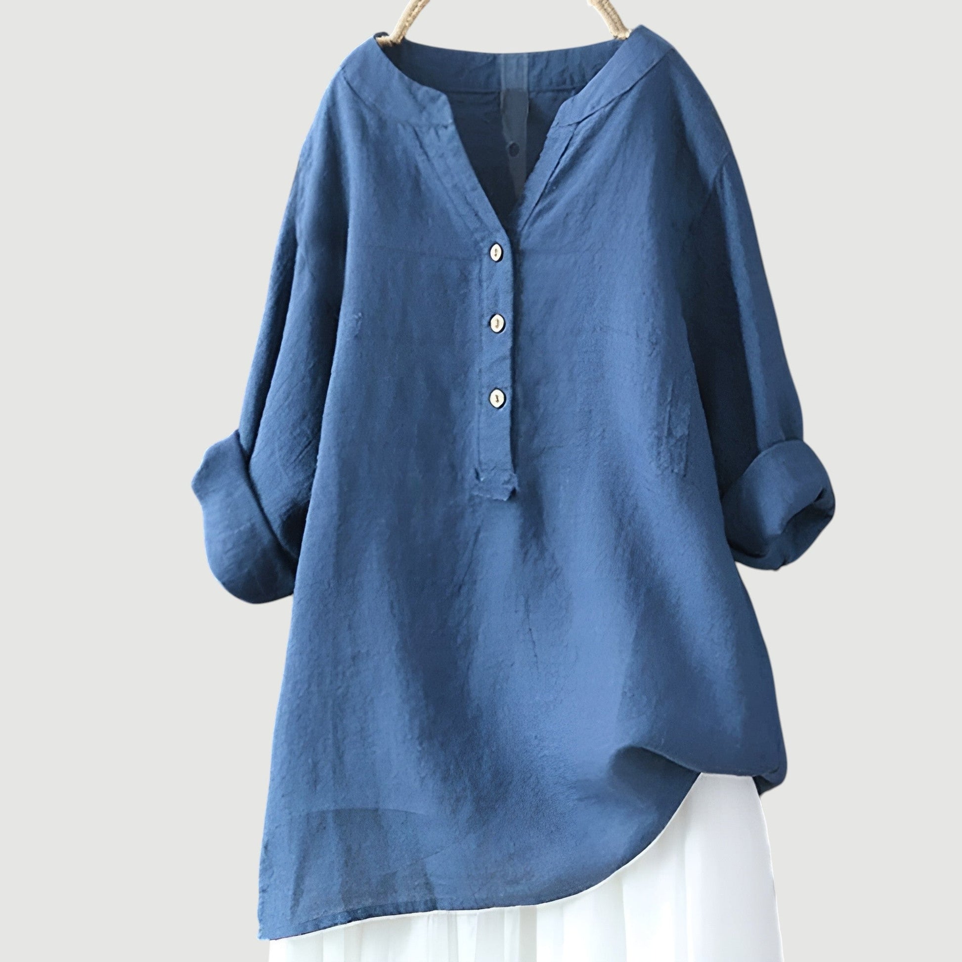Women's Red Linen V-Neck Button Long-Sleeve Tunic Shirt