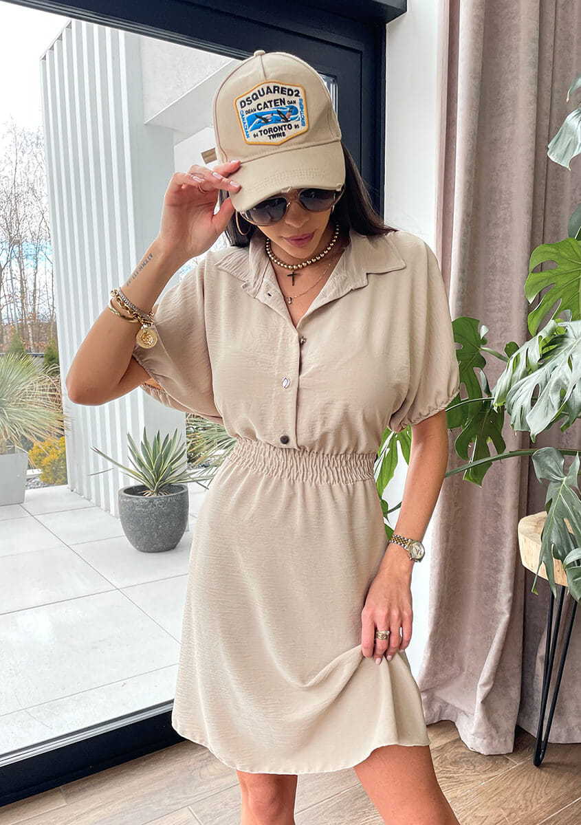 Women's Tailored Collar Midi Dress - Button Front Waist-Defined Style