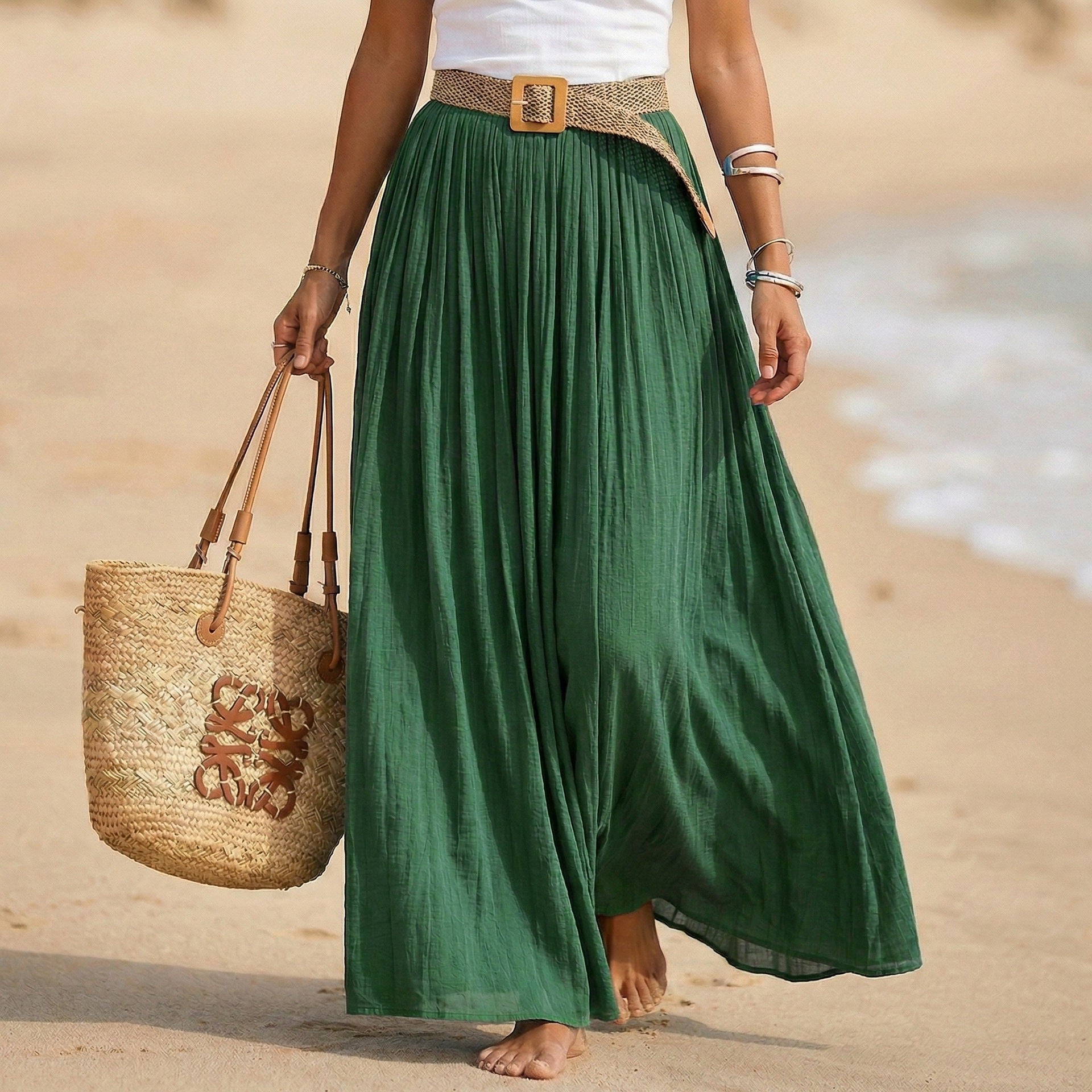 Women's Flared Maxi Dress - Elastic Waist Holiday Beach Dress