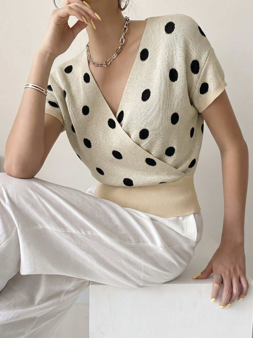 Polka-Dot V-Neck Knit Top - Light and Feminine