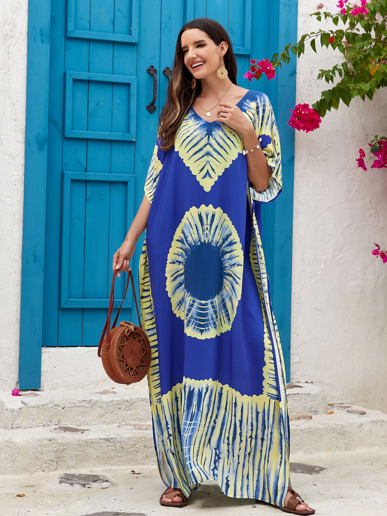 Women's Printed V-Neck Maxi Holiday Dress - Relaxed One Size Daywear