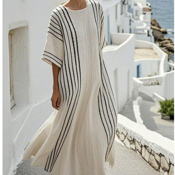 Women's Pinstripe Maxi Kaftan Dress – Ivory Black Relaxed Summer Cover-Up