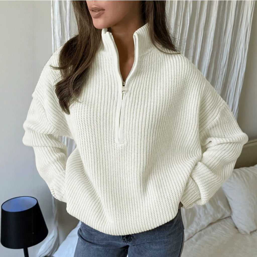 Women's Zip-Up Knit Pullover - Relaxed Soft Everyday Outerwear