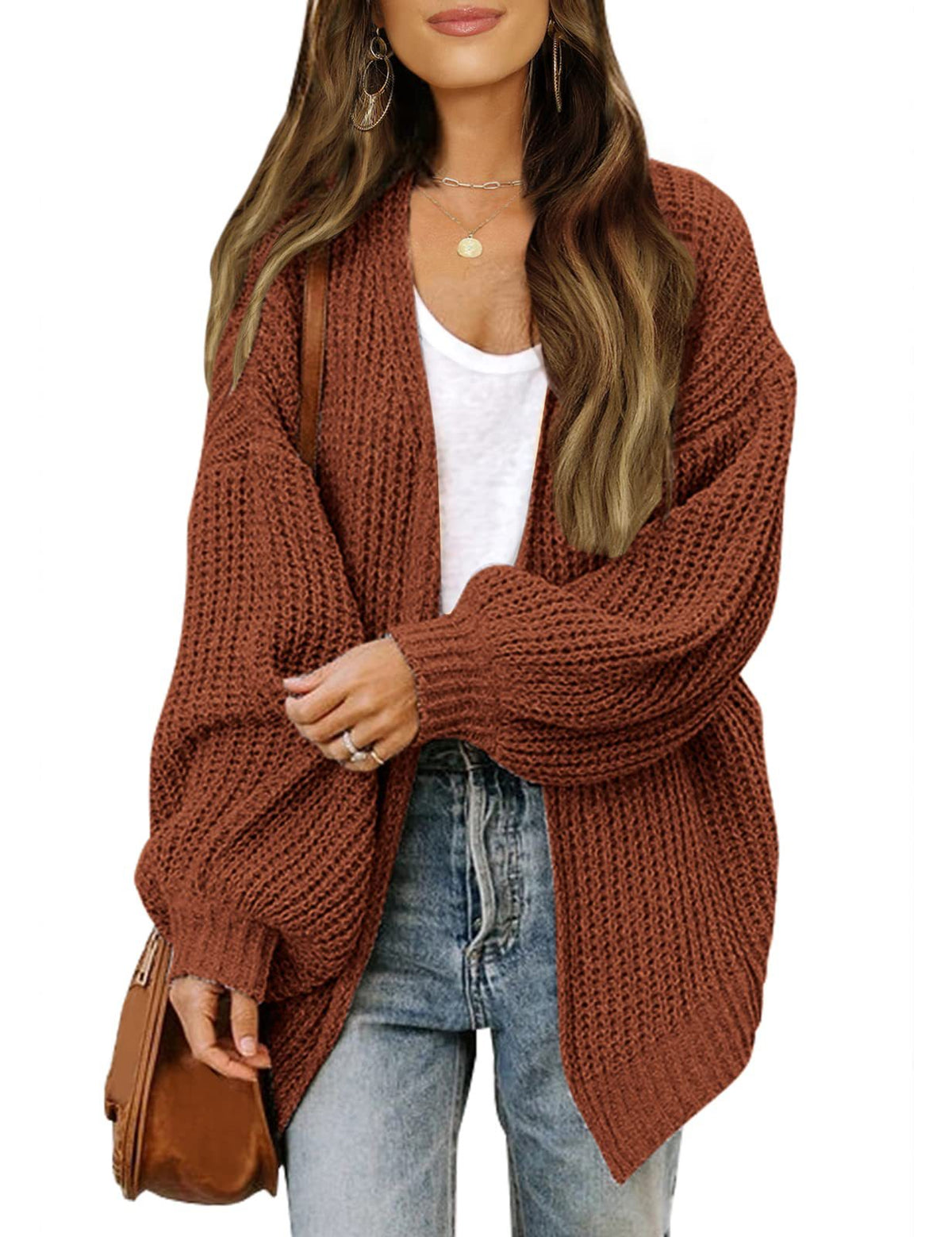 Women’s Chunky Knit Cardigan Coat – Lantern Sleeve Cozy Oversized Style
