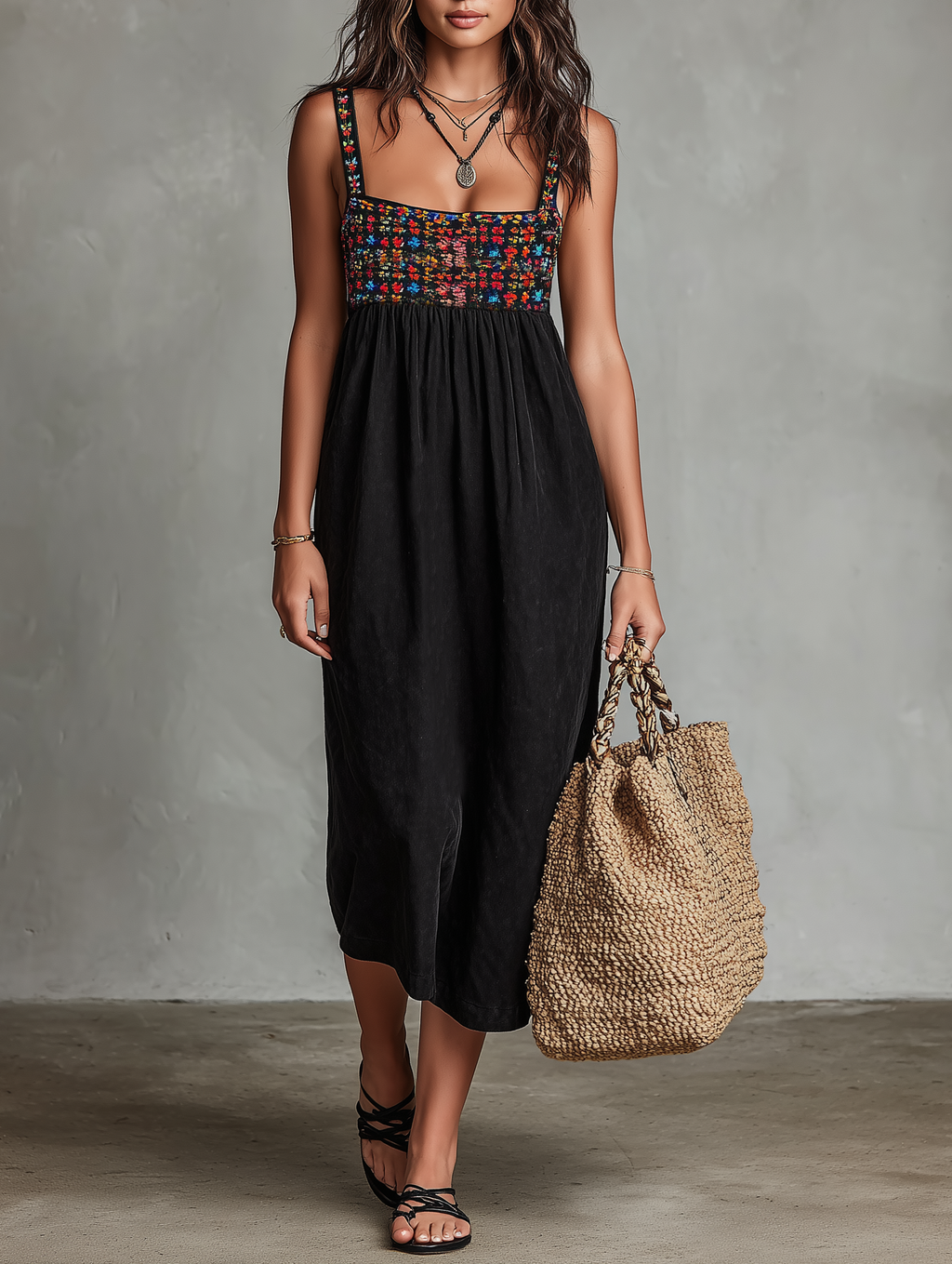 Women's Faux Suede Embroidered Midi Dress - Vacation Style Daywear