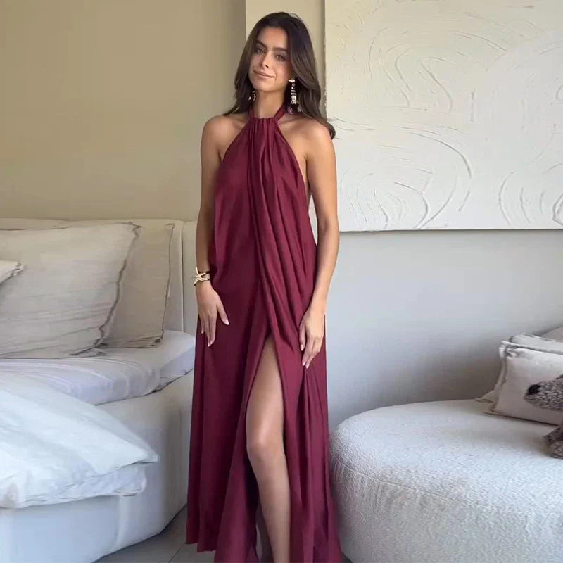 Women's Sleeveless Halter Maxi Dress – Pleated Open-Front Summer Style