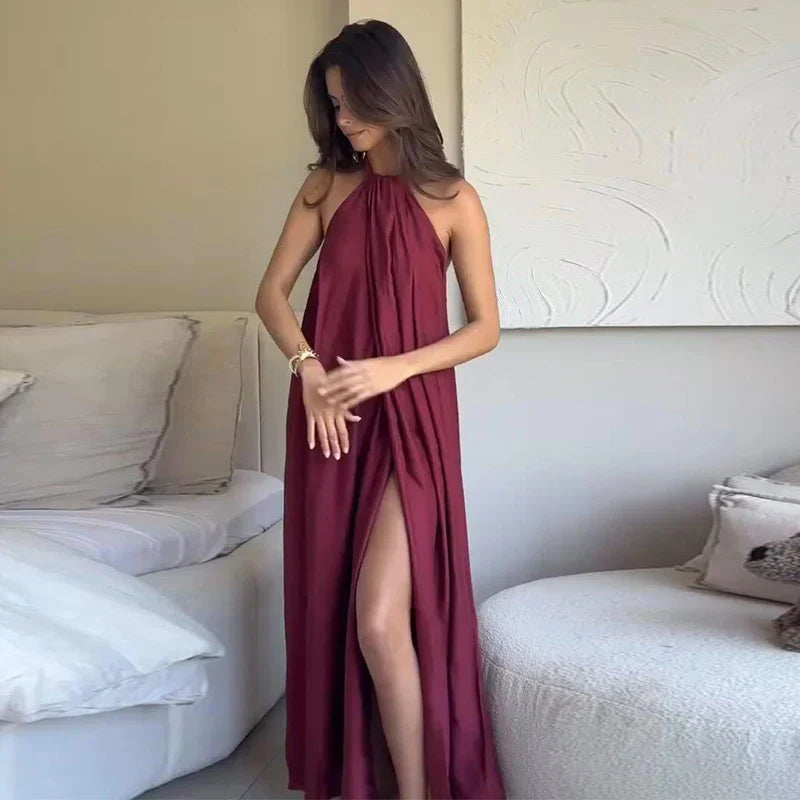 Women's Sleeveless Halter Maxi Dress – Pleated Open-Front Summer Style