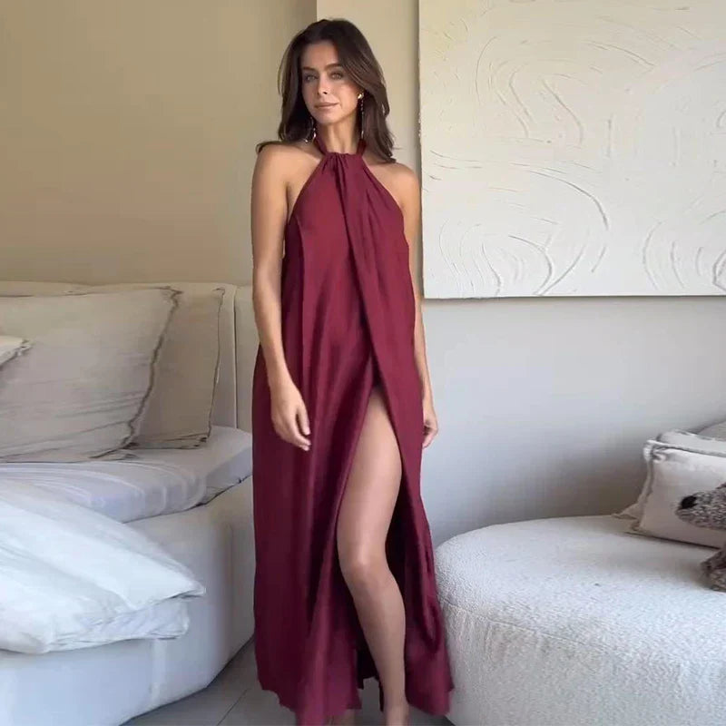 Women's Sleeveless Halter Maxi Dress – Pleated Open-Front Summer Style