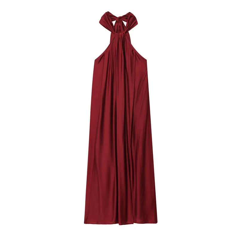 Women's Sleeveless Halter Maxi Dress – Pleated Open-Front Summer Style