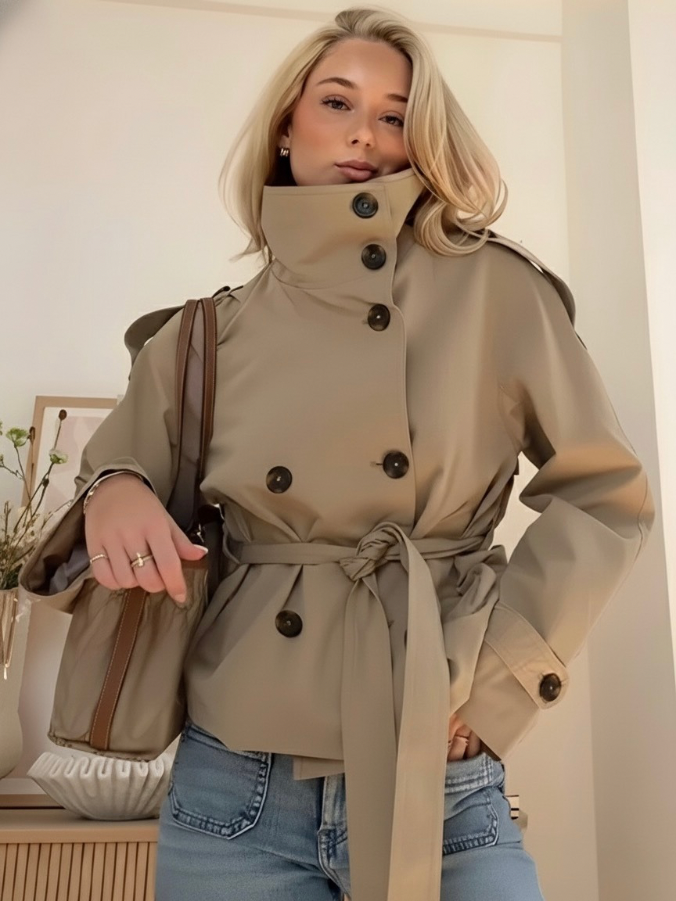 Women's Belted Double-Breasted Jacket – Chic Mid-Season Outerwear