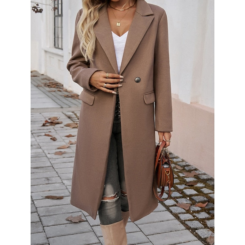 Women’s Long Winter Coat with Lapel Collar – Warm Elegant Outerwear
