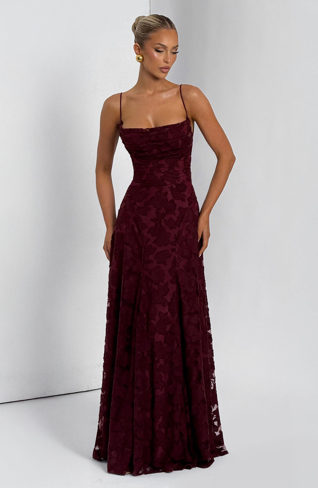 Women's Floral Cowl Neck Maxi Dress – Elegant Lace-Back Occasion Style