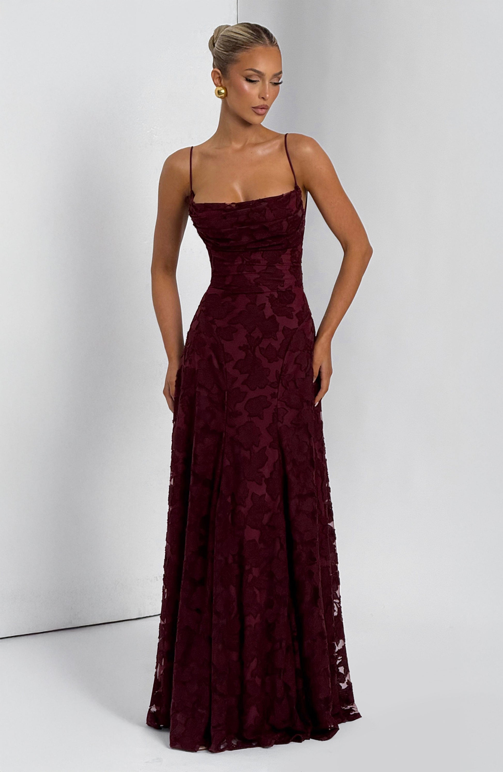 Women's Floral Cowl Neck Maxi Dress – Elegant Lace-Back Occasion Style