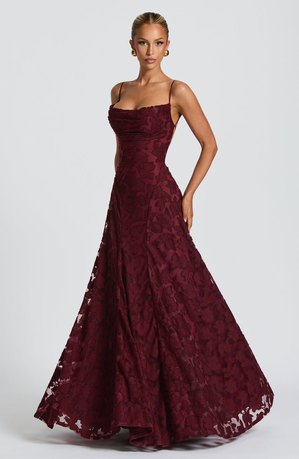 Women's Floral Cowl Neck Maxi Dress – Elegant Lace-Back Occasion Style